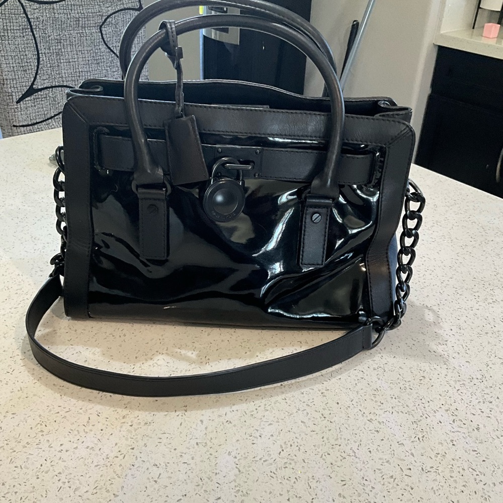 Michael Kors Hamilton Black Satchel with Glossy Finish and Chain Detailing-